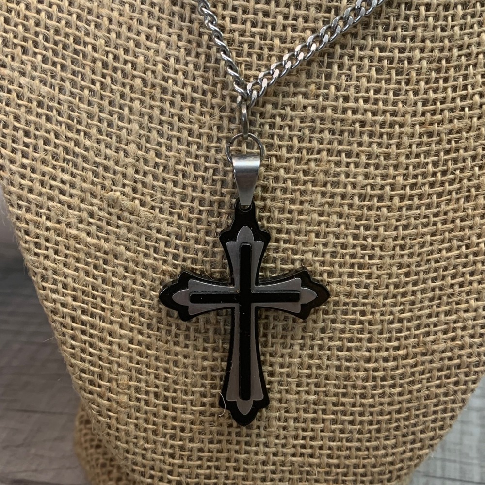 Mens Stainless Steel Layered Cross Pendant Necklace Black Silver Tone 20 In 5576